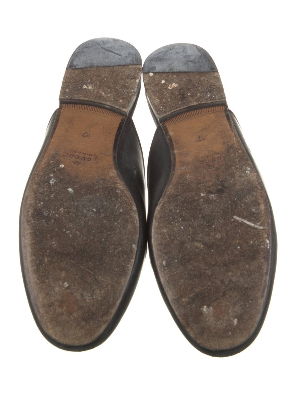 Black Leather Backless Loafers with Gold Horsebit Accent - Picture 9 of 9